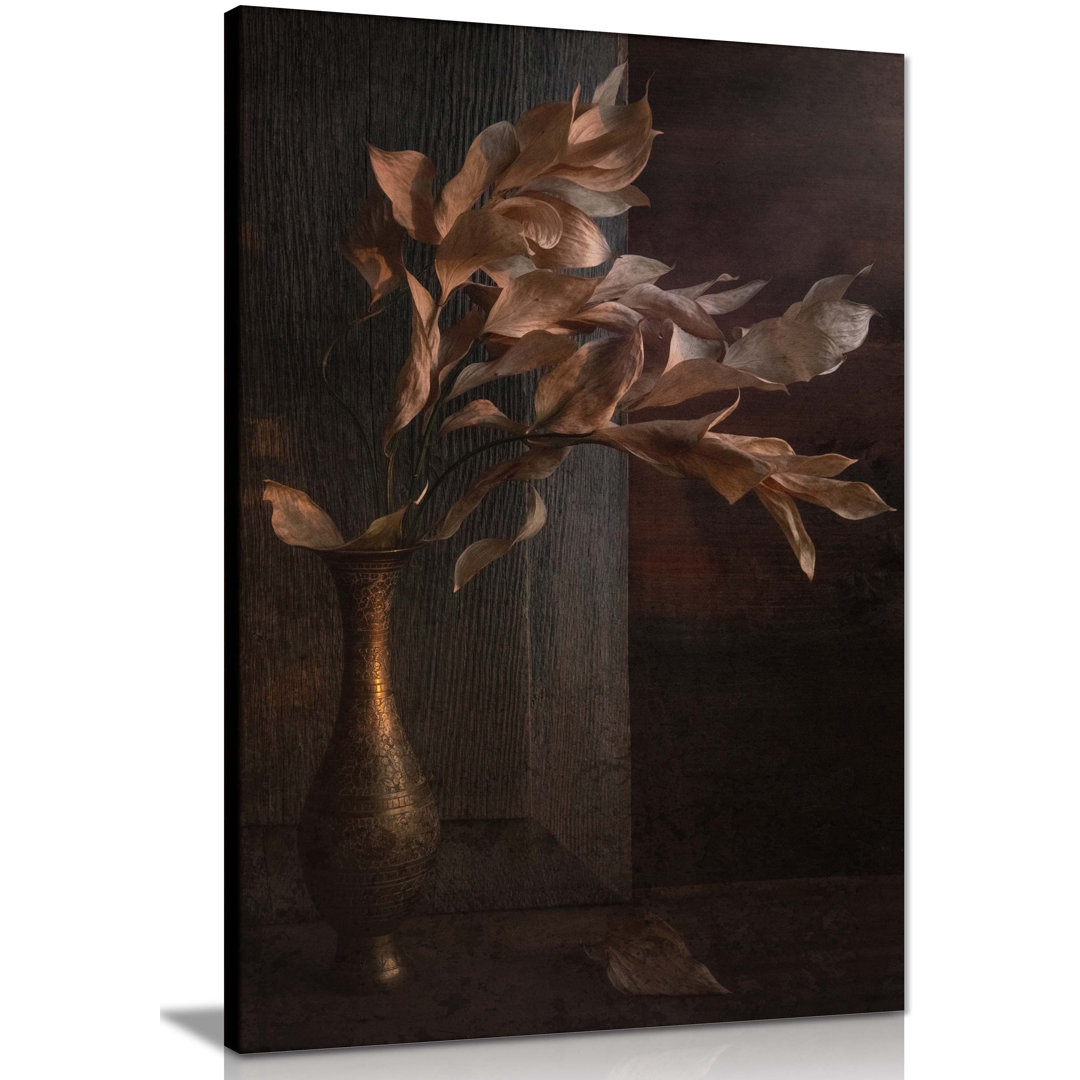 Dried Flower Bouquet In A Golden Vase - Wrapped Canvas Painting