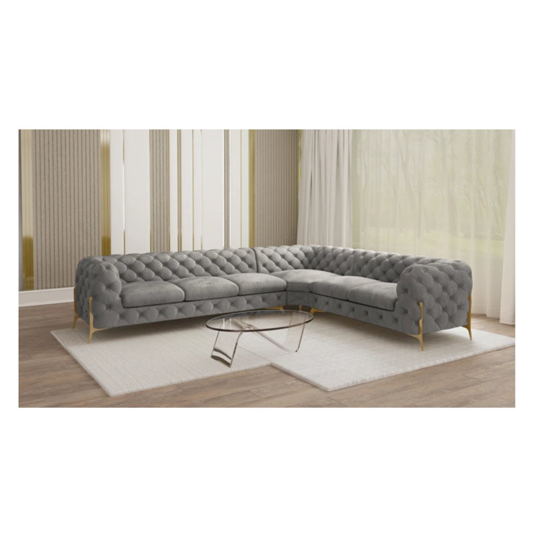 Chesterfield Corner Sofa L-Shape  with Gold Metal Legs, Left Hand Facing, Grey