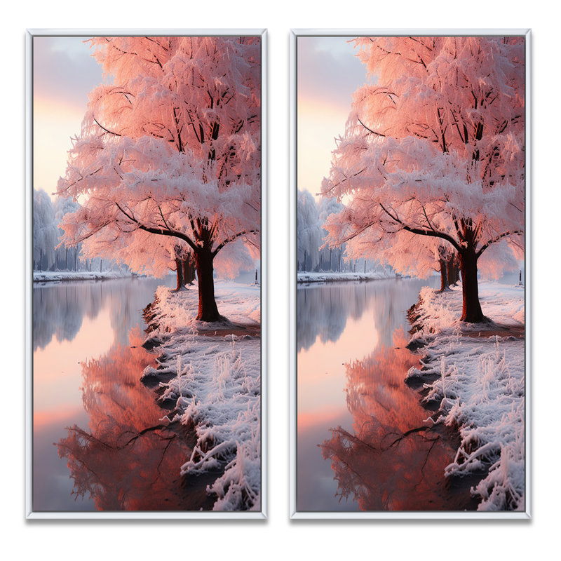«Winter Peach Tree On Frosty Morning», 2 pièces sur toile, Cadre blanc, H 32 po x l 32 po