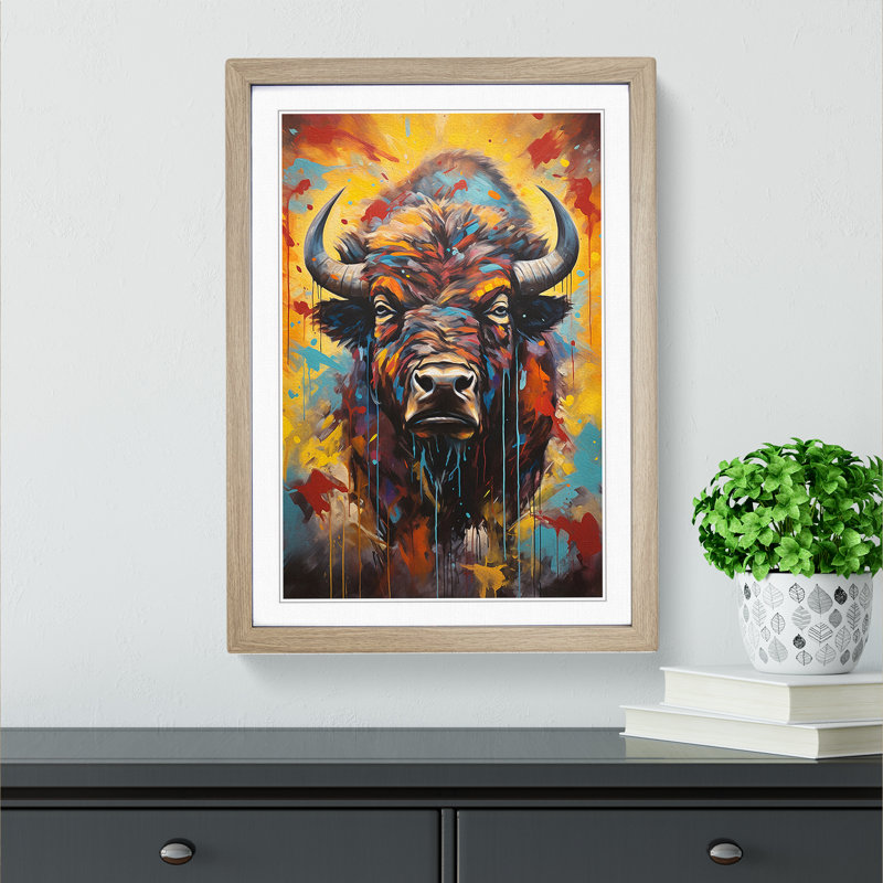 Buffalo Hard Edge Painting - Single Picture Frame Print on Wood, 64cm H x 46cm W x 2cm D, Oak Framed