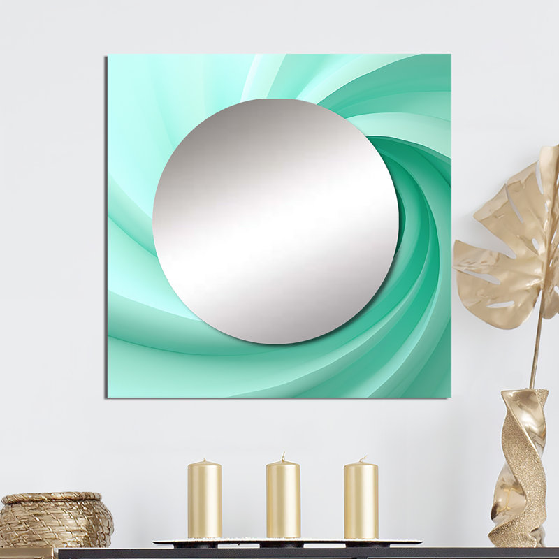 Green Whimsical Whorl Spiral - Grand miroir carré à spirales abstraites pour décoration murale, 23 po x 23 po