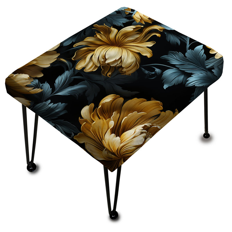 Repose-pieds damassé rectangulaire bleu foncé et doré