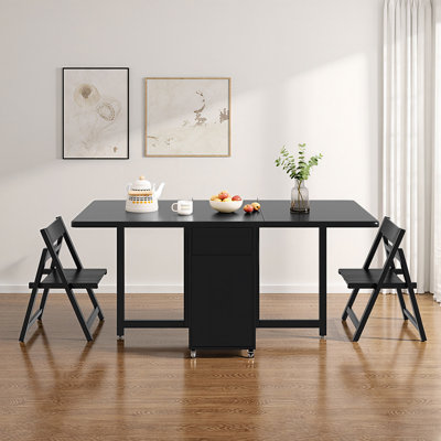 Black Solid Wood Folding Dining Set with 4 Chairs, Table with Casters and 2 Drawers, Space-Saving Design