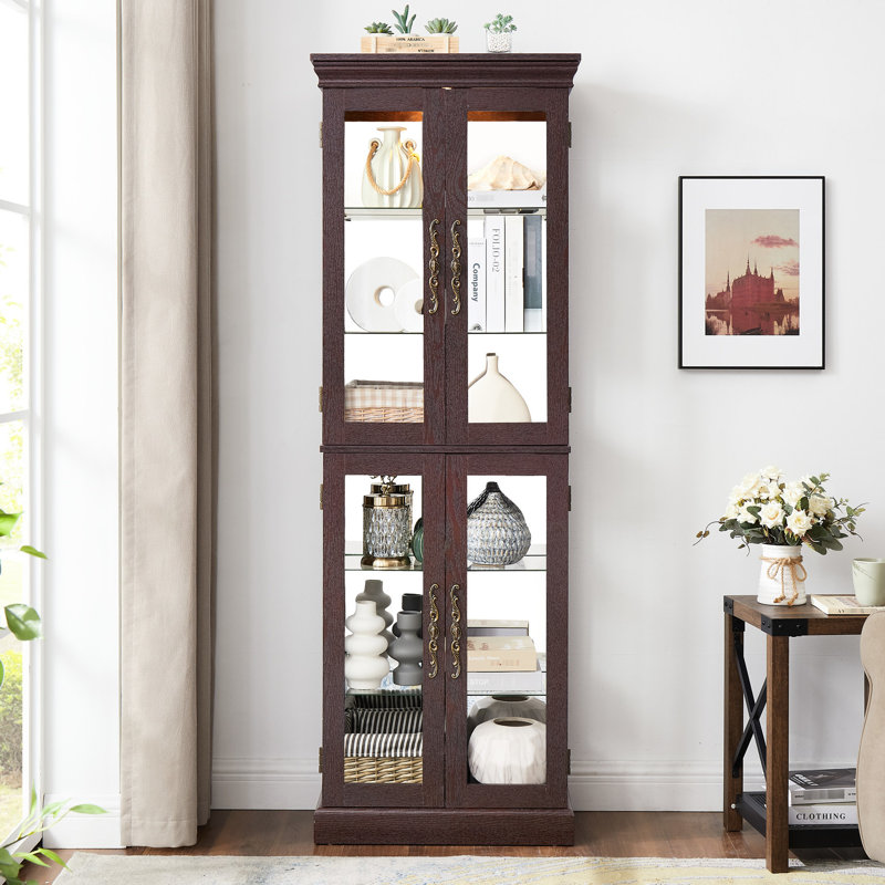 Glass Storage Display With Illuminated Feature And Movable Shelves - Dark Cherry Case Sophisticated Lighting System Quiet Door 12.53 In. Wide