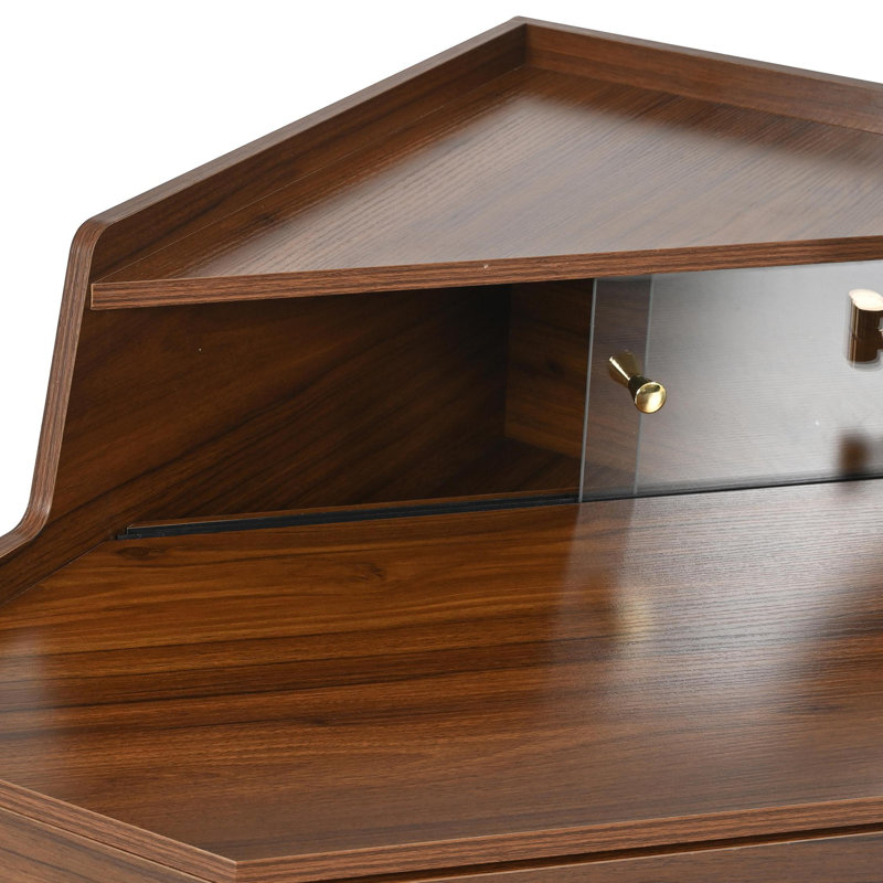 55.9" Corner Vanity Desk with Tri-Fold LED Mirror, Adjustable Lighting Dressing Table with Storage Shelf & PU Stool