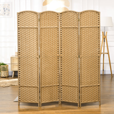 Paravent 4 panneaux, écran d'intimité de 5,6 pi pour la maison. Style tissé à la main avec une sensation de bois naturel. Plusieurs pièces polyvalentes. Structure robuste et sangles en polypropylène. Léger et pliable. Non