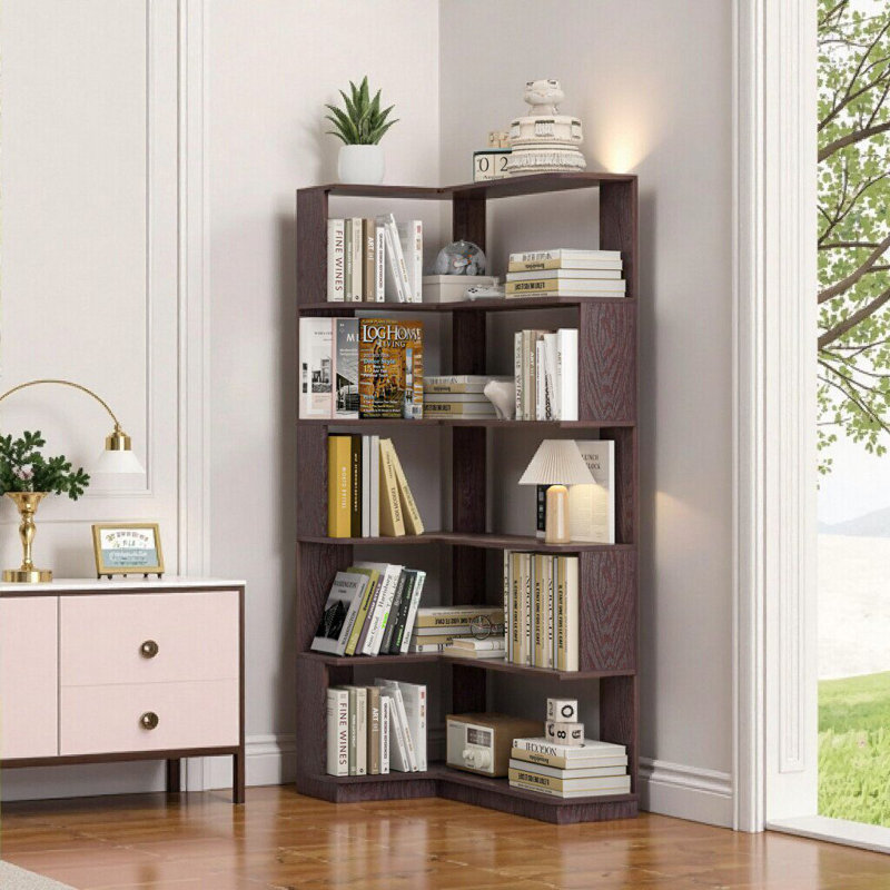 5-Tier L-Shaped Corner Bookcase: Space-Saving Storage Solution, Ox Blood Red