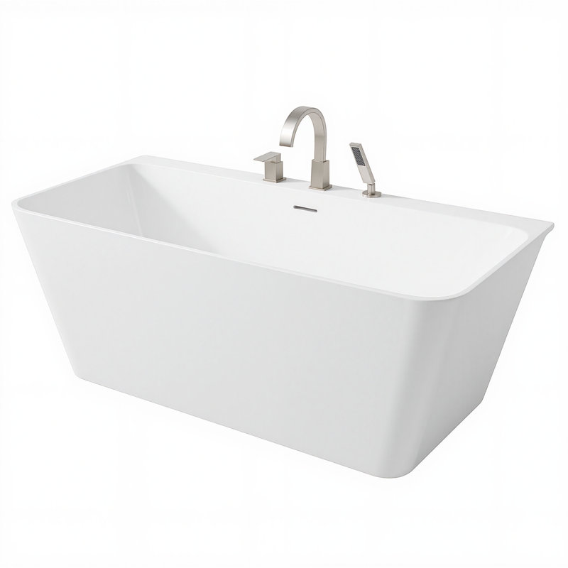 Vault Series 59 In. X 30 In. Flat Bottom Acrylic Freestanding Soaking Bathtub With Center Drain, Faucet, Brushed Nickel