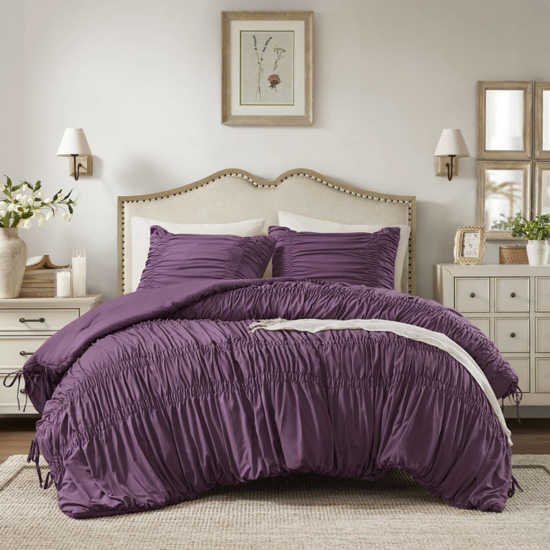 Édredon simple / simple TG de couleur mauve, avec détails et attaches, microfibre moelleuse pour se blottir toute l'année, mauve standard 100 2 pièces, avec design, chaleur semblable au nuage,