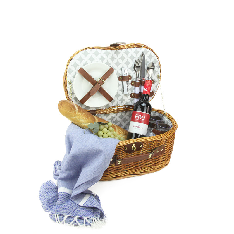 Ensemble de panier de pique-nique 2 personnes 7,25 "x 15,5" brun miel tissé à la main avec accessoires