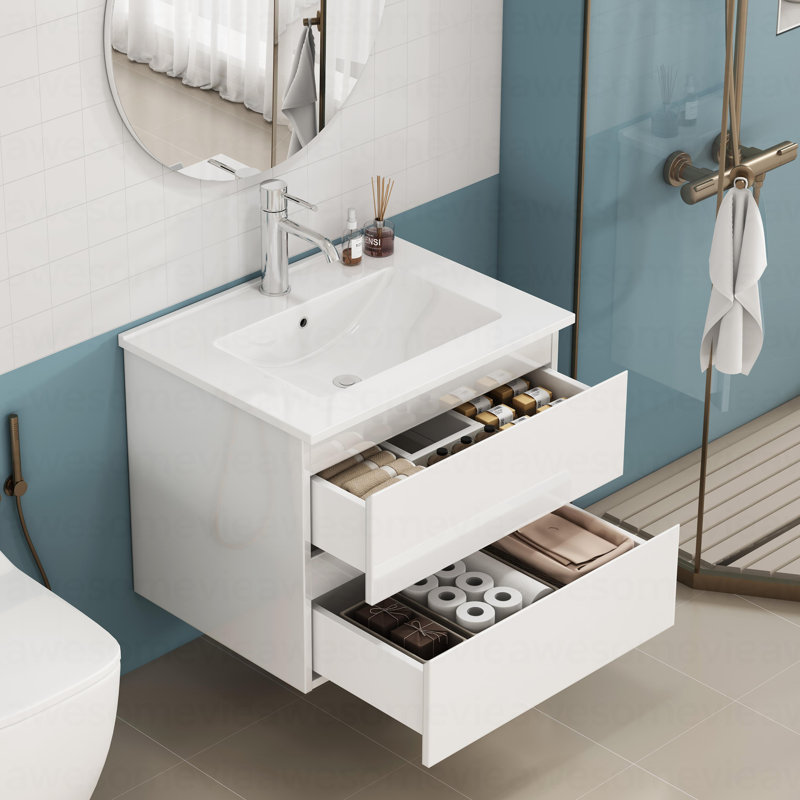 Ensemble de meuble-lavabo 24 po avec lavabo, armoire avec 2 grands tiroirs, système de fermeture en douceur, 2 grands tiroirs, conception sans poignée, assemblage facile, blanc brillant