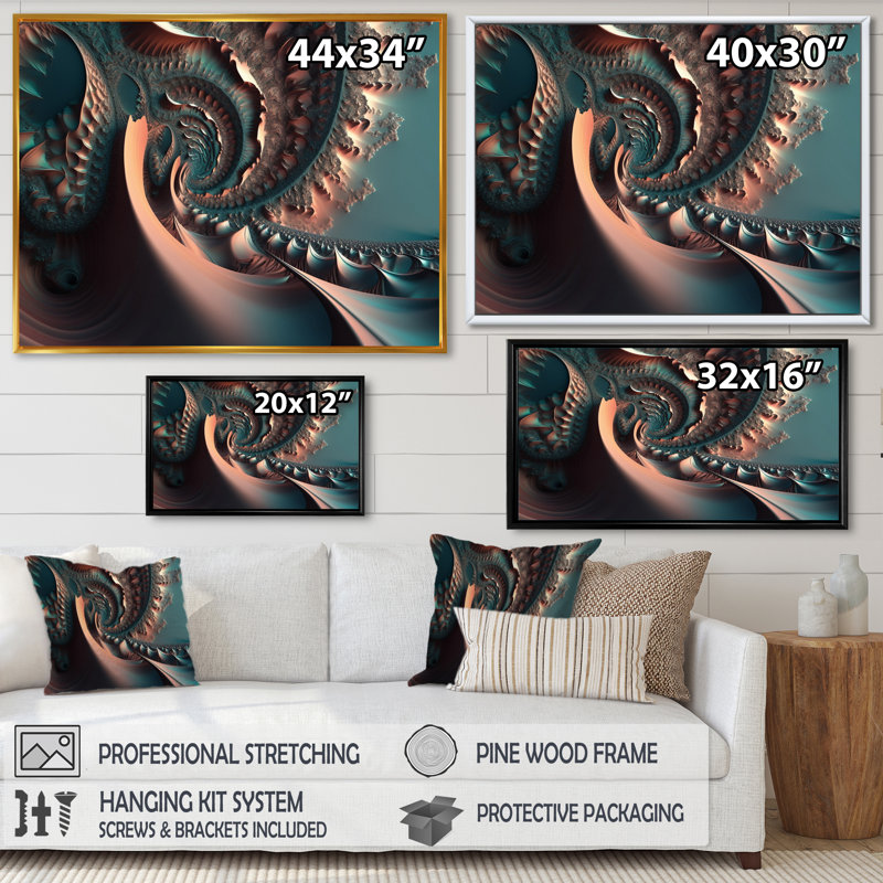 «Turquoise Fractal Mystery III», reproduction sur toile, H 30 po x l 40 po x P 1,5 po, Toile avec cadre flottant noir