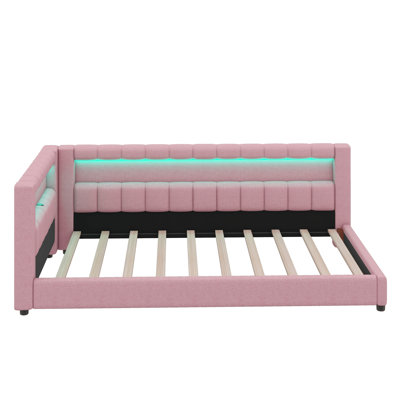 Twin XL Size Upholstered Daybed With Built-In Storage, L-Shaped Structure With LED Strip And USB Connectors, Linen Fabric Bed Frame