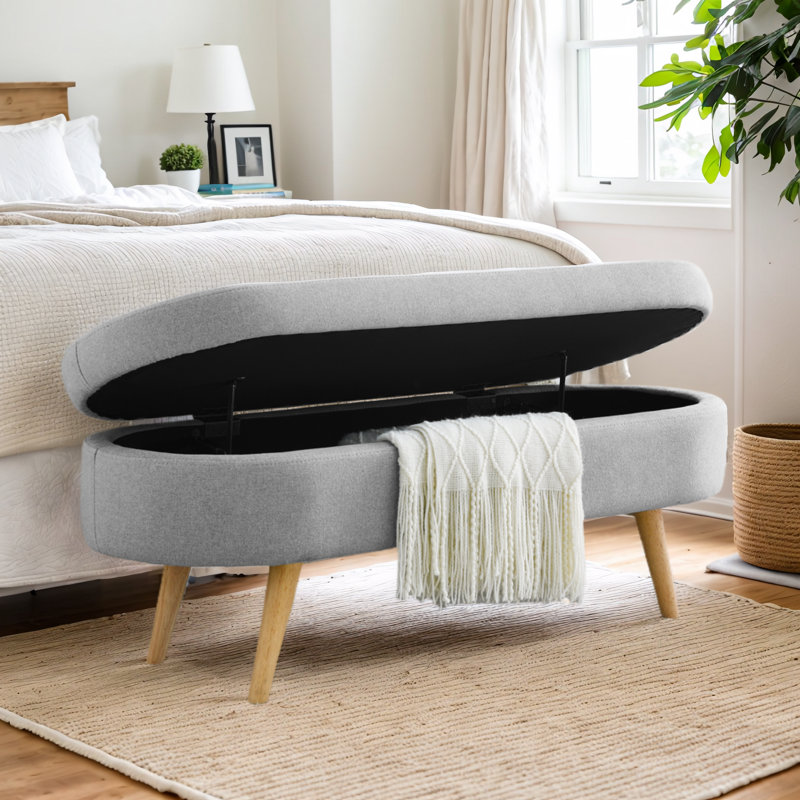 Ottoman Oval Storage Bench with Rubber Wood Legs, Gray Linen
