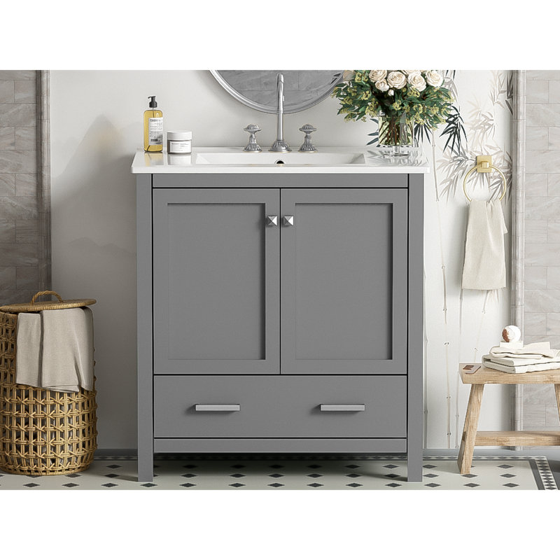Meuble-lavabo transitionnel fonctionnel en bois massif gris - Rehaussez votre espace