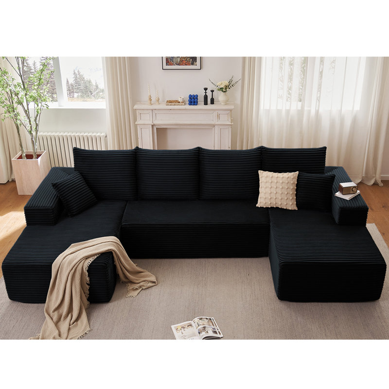 Cloud Modular Sectional Couch for Living Room, Large U-Shaped Floor Sofa Set with 6 Pillows, 144.9x69.7 Fluffy Deep-Seat Comfy Corduroy Sofa with Left & Right Chaise Lounges, No Assembly