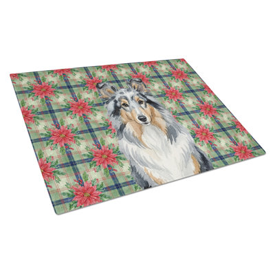 Planche à découper en verre Blue Merle Sheltie Christmas PoinsettIas