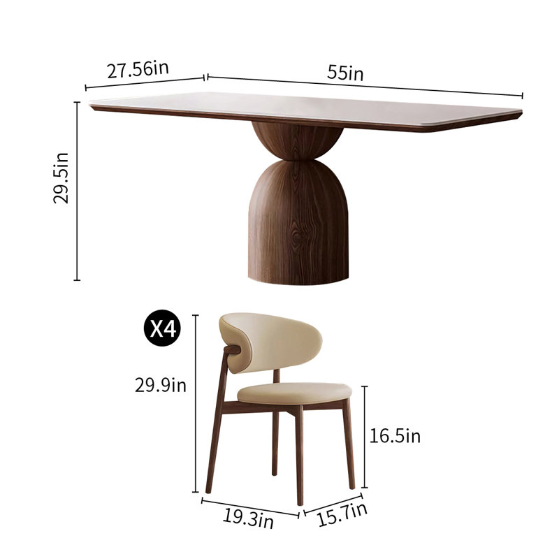 Ash Wood Rock Slab Rectangular Dining Table Sets, 29.5"H x 63"L x 31.5"W, 5 Pieces: Table, 4 Chairs