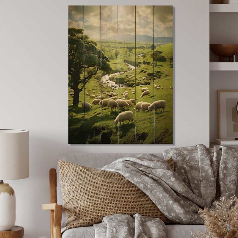 «Pastoral Bliss Sheep Landscape I», reproduction sur bois, H 40 po x l 30 po x P 0,78 po