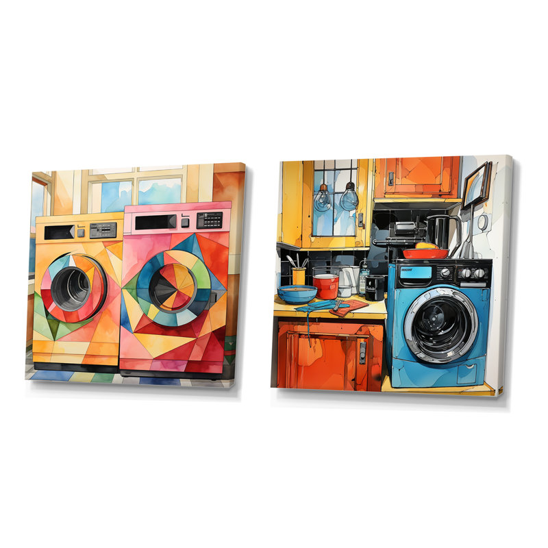 «Laundry Machines Laundry Day I», ensemble de 2 reproductions d'art mural, Toile tendue, H 30 po x l 61 po x P 1 po