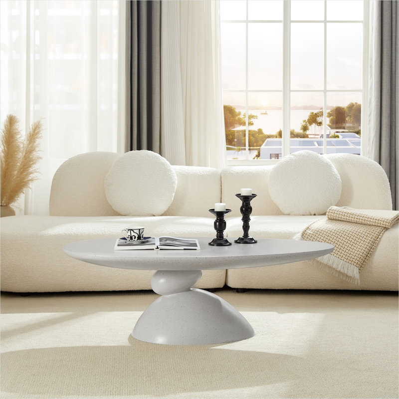 Table basse avec base sculpturale, 47,27 ovales, fibre de verre aux tons gris, minimaliste moderne, compacte pour le salon