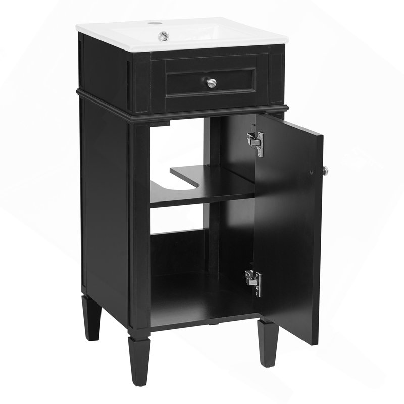 Ensemble de meuble-lavabo simple de 16 po avec lavabo en céramique, ensemble de meuble-lavabo autoportant avec porte à fermeture douce, tablette réglable, style français, pieds pleins, noir