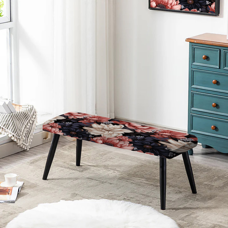Rose clair et motif de fleurs roses - Banc noir rembourré floral