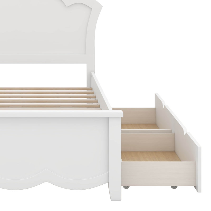 Lit plateforme en bois avec tête de lit à fleurs et deux tiroirs, Double