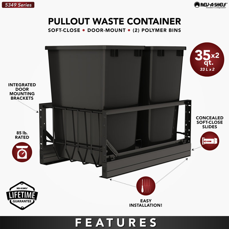 Rev-A-Shelf Double Pullout 35 qt. Kitchen Trash Can w/ Soft-Close, 5349-18DM-218, 2, 22.92" H x 14.77" W x 22.09" D
