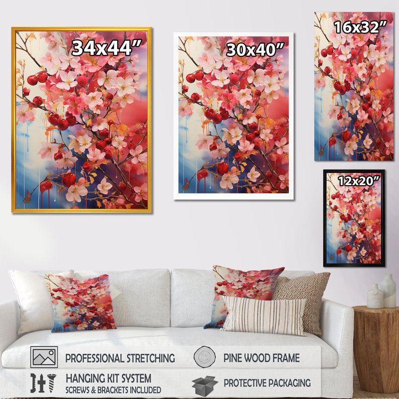 Été rose cerisier en fleurs II - Art mural cerisier en fleurs, Cadre flottant blanc, H 20 po x l 12 po x P 1 po