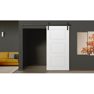3 Panel Wood and PVC/Vinyl White Prefinished Paneled Barn Door with Installation Barn Hardware Kit”flat rod only”