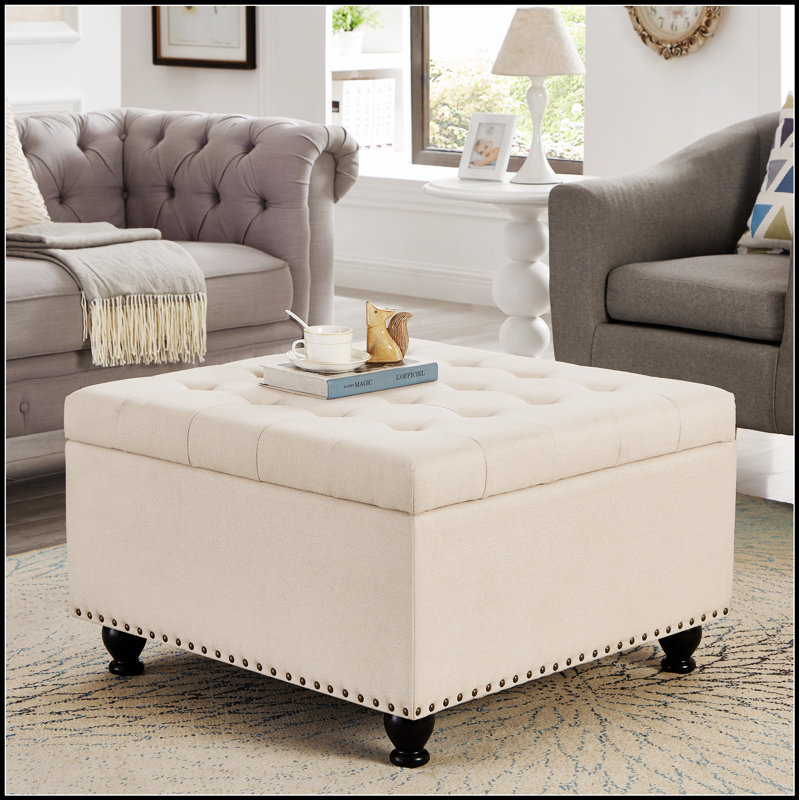 Large Square Storage Ottoman With Wooden Legs, Button Tufted Upholstered Coffee Table For Living Space - Thumbnail 3