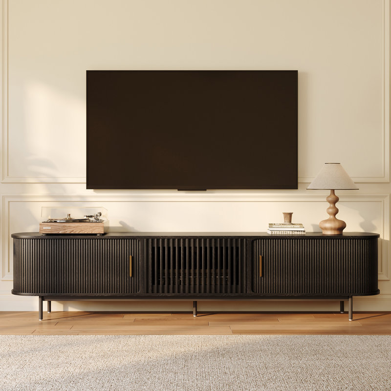 Mid-Century Modern TV Stand, Sliding Door, Fully Assembly, 21.25"H x 94"L x 15.75"W, Black