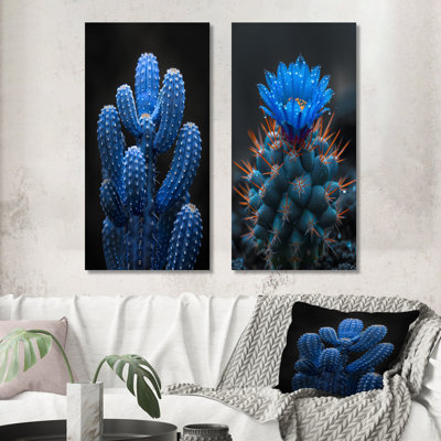 Cactus bleu clair et noir clair de lune - Dream Dream I - Botanique grand ensemble de 2 décorations murales