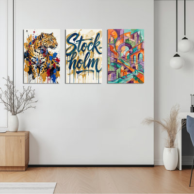 Ensemble de 3 toiles abstraites représentant un léopard et un paysage urbain de Stockholm