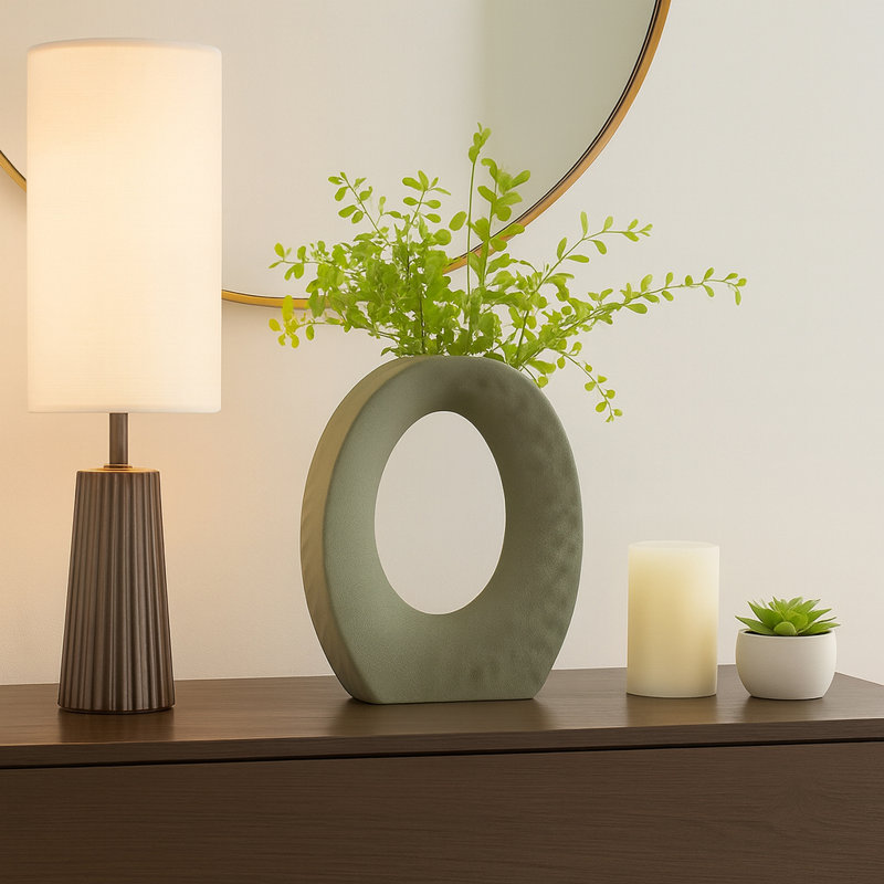 Sculptural Ceramic Textured Table Vase for Home Decor - Modern Open Cutout Flower Vase for Shelf and Living Room Accent  - Green