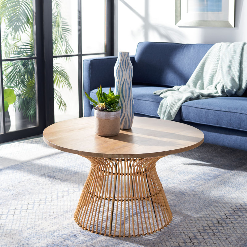 Contemporary Claunch Coffee Table – Tropical Style Mango Wood Top with Black Rattan Base for Home, Natural