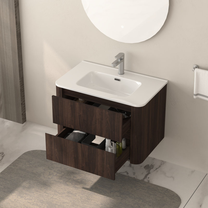 Meuble-lavabo mural flottant 30 po avec lavabo intégré, deux tiroirs, armoire en noyer foncé, construction, rangement spacieux, installation rapide pour les petits tiroirs et céramique blanche