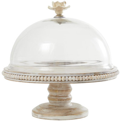 Mango wood cake stand with glass dome