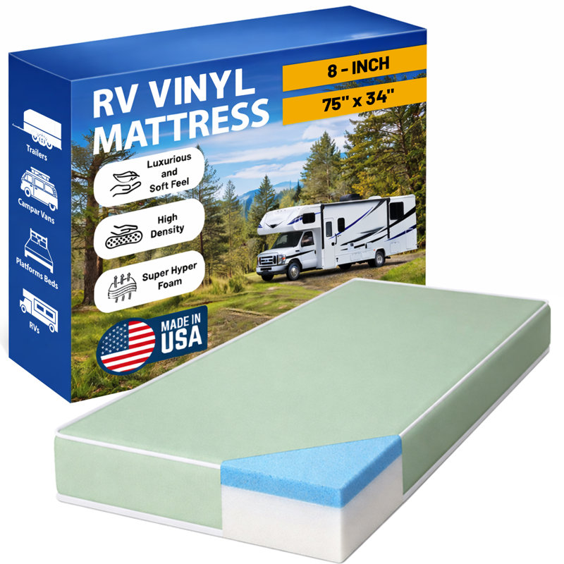 8-Inch High-Density Cooling Gel Memory Foam Vinyl RV Mattress Replacement, Medium Firm, Camper Vans, 75" X 34", 75" x 34", 8"