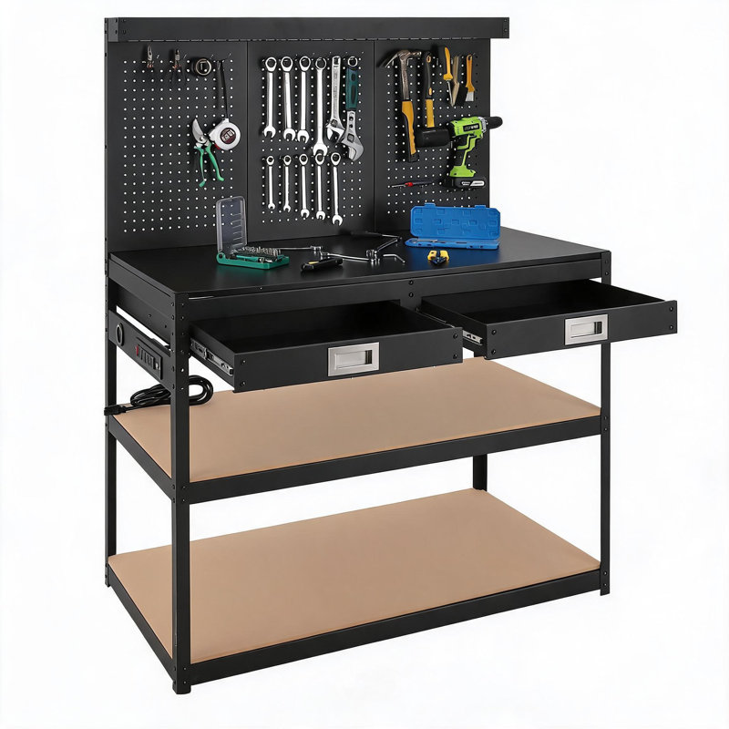 Table de travail pour le garage, banc de travail à 3 niveaux avec 2 tiroirs, banc de travail robuste avec prises de courant et panneau perforé, poste de travail en métal pour atelier, bureau, maison, noir