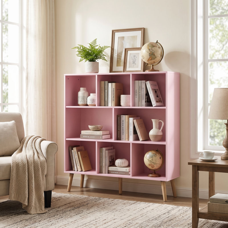 Jaen Solid and Manufactured Wood Cube Bookcase, (8 Shelves) 42.5" H x 47.2" W x 9.4" D, Pink Blossom