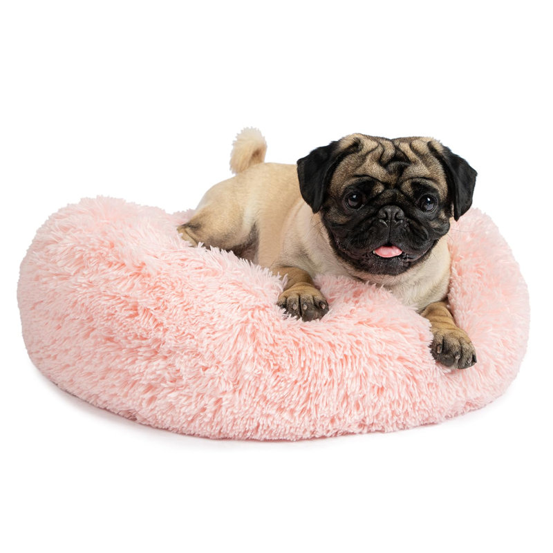Pink Faux Fur Round Anti-Anxiety Dog Bed, Medium