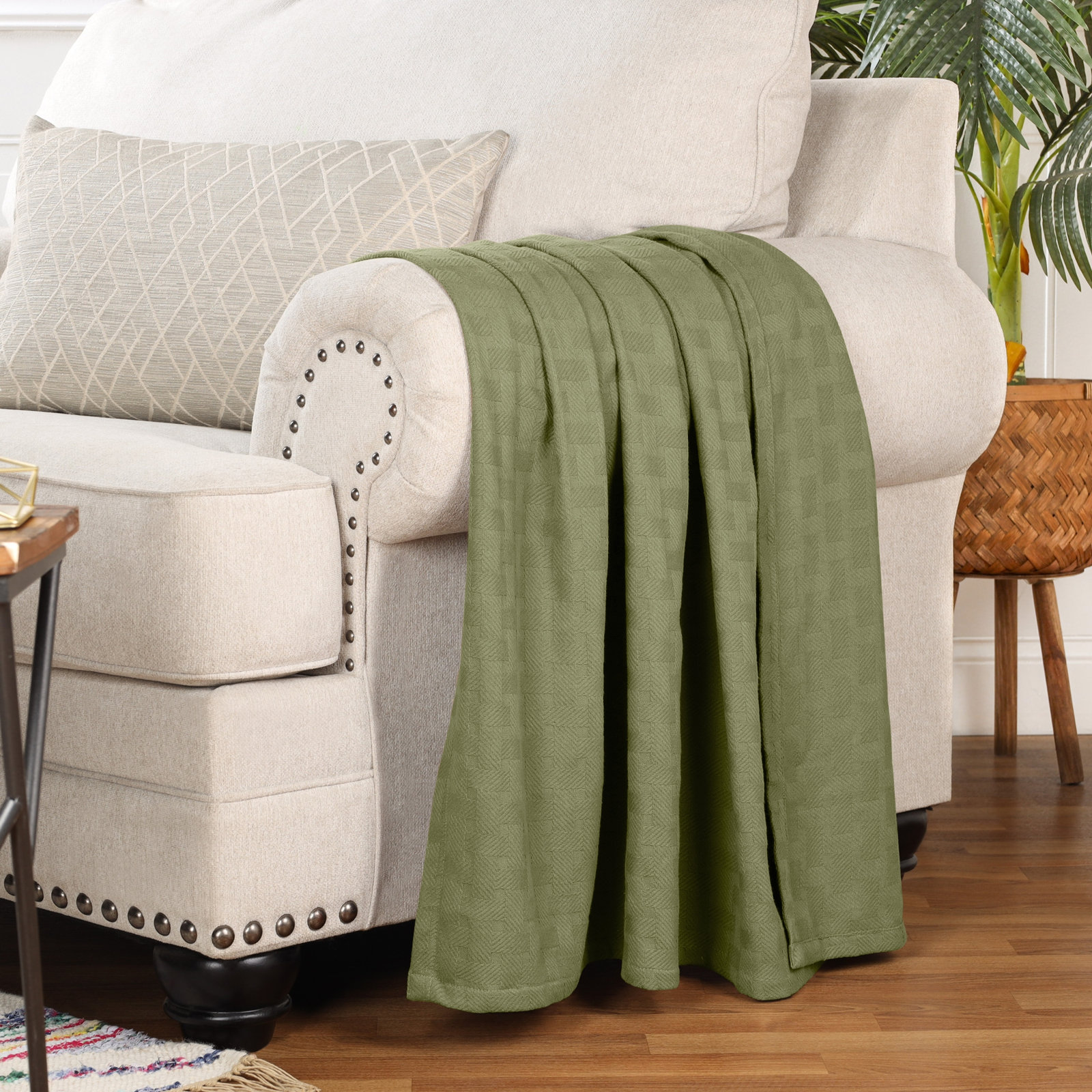 Bertie Cotton Throw Blanket, Sage, Throw