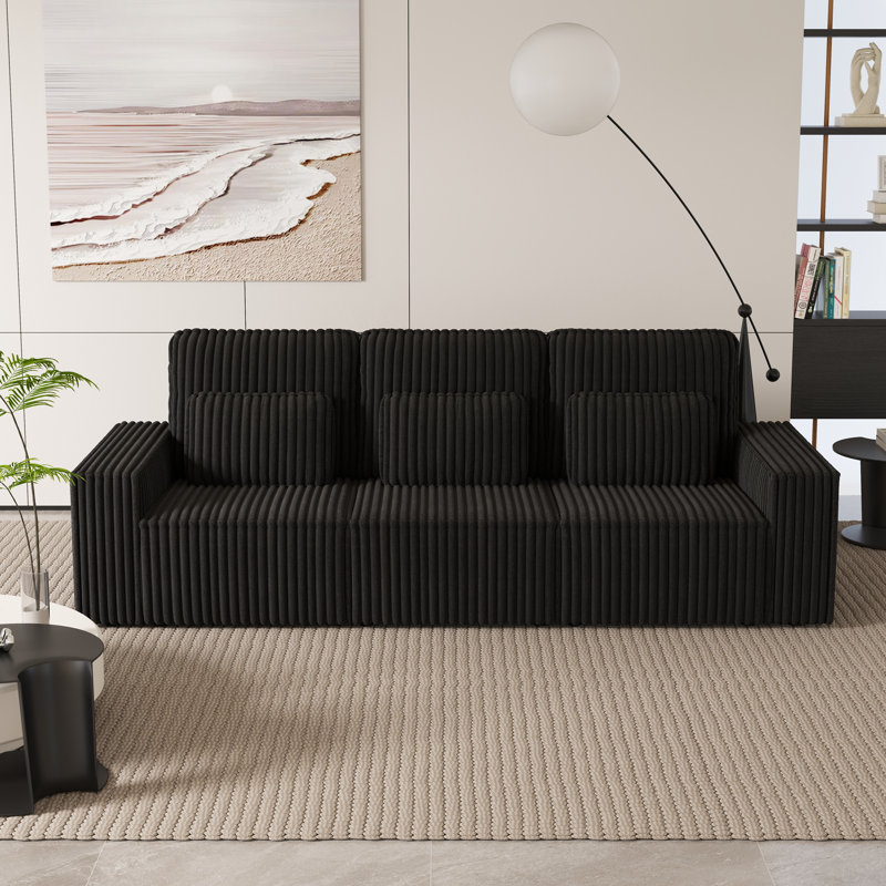 Canapé rembourré 3 places moderne en velours côtelé avec 3 coussins décoratifs modernes, Noir