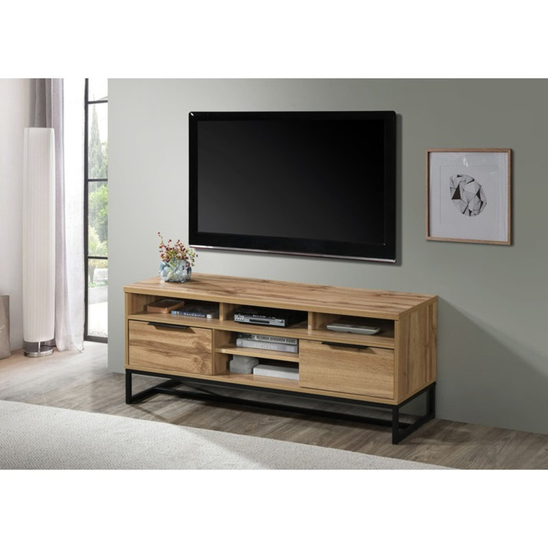 Meuble télé en chêne massif de 47 pouces, 5 tablettes et 2 tiroirs, console multimédia pour téléviseurs de 43 à 55 pouces.