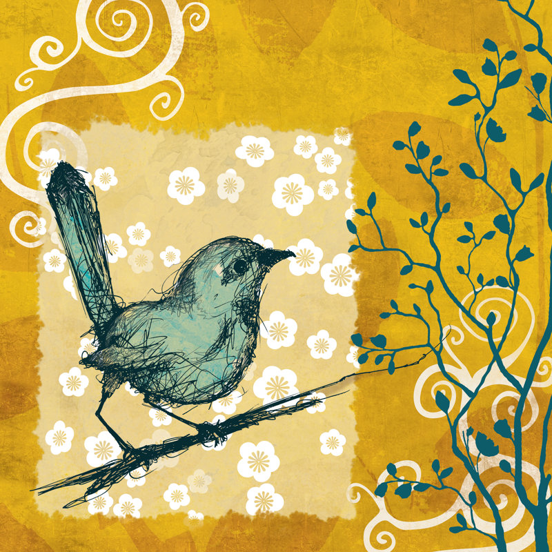 Blue Bird Yellow Background - Wrapped Canvas Painting, 91cm H x 91cm W x 3.8cm D
