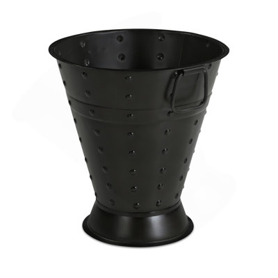Vase, silhouette de seau effilé, fer, poignées en boucle, rivet, sécurité de l'eau, patine noire, noir