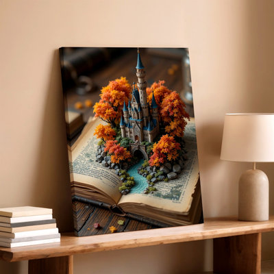 Château, livre ouvert, arbres d'automne, rivière miniature, reproduction d'art sur toile, œuvre d'art fantastique pour le salon, la chambre à coucher, le bureau, le couloir et la galerie d'appartements, décoration de maison moderne