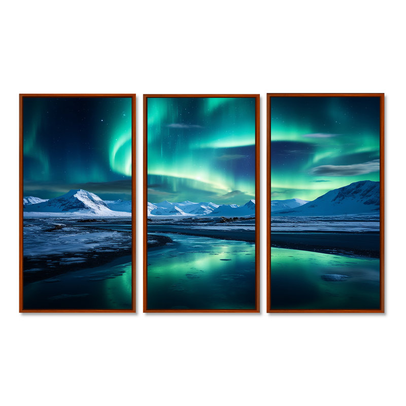«Islandais Borealis Winters Aurora II», art mural Aurore boréale, Cadre flottant en érable, H 40 po x l 60 po x P 1 po